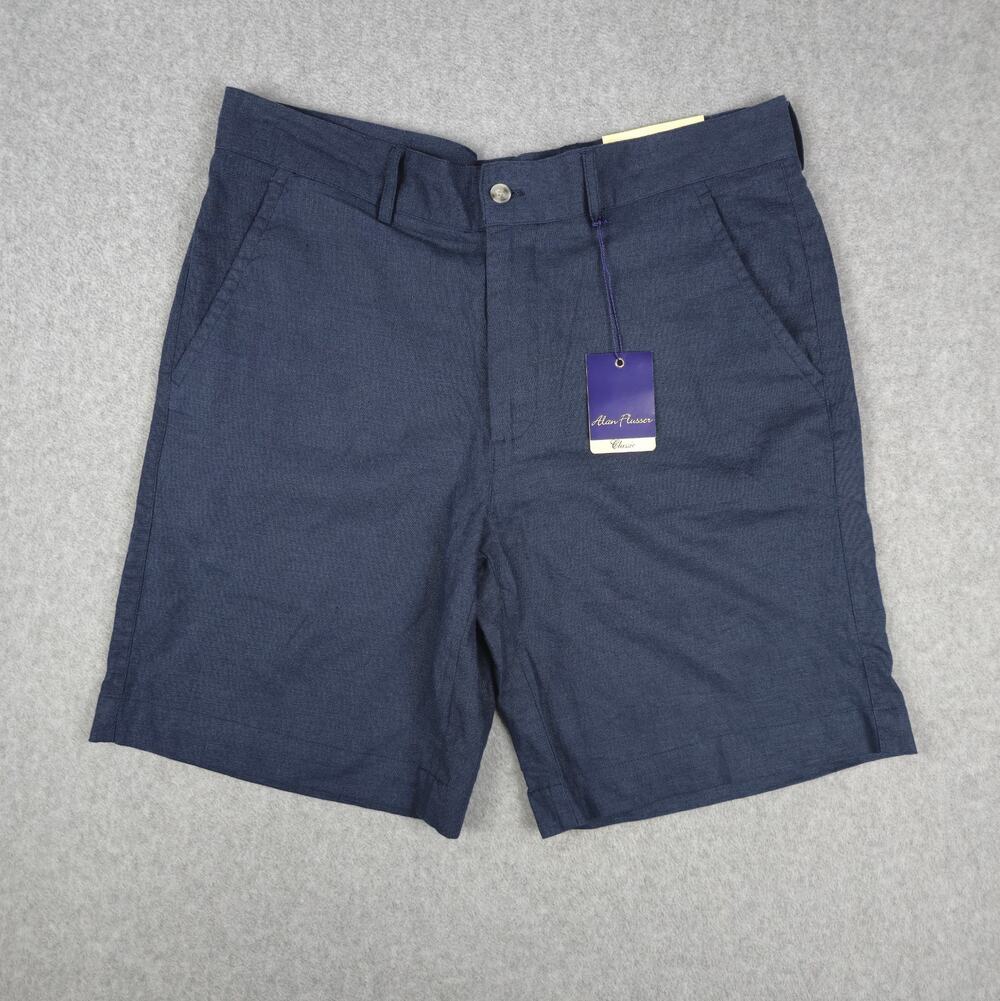 NWT Alan Flusser Mens 34 Navy Linen Blend Flat Front Chino Shorts